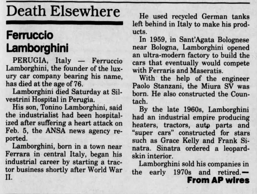 Статья о смерти Ферруччо Ломбаргини в 1993 году.
